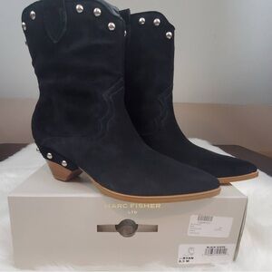 Marc Fisher Black Heeled Boots with Pointed Toe and Decorative Studs